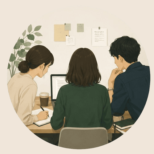 コンテンツ編集担当のイメージイラスト。3人が机のパソコンを囲み、記事の内容を確かめている様子