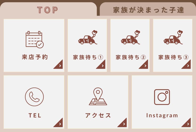 COCHE様のLINEリッチメニュー。「TOP」と「家族が決まった子達」のタブがあり、来店予約・家族待ち①〜③・TEL・アクセス・Instagramのボタンが並んでいる
