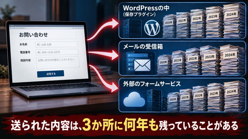 お問い合わせフォームの送信内容が、WordPressの中・メールの受信箱・外部のフォームサービスの3か所に何年分も残る様子の図
