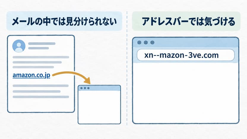 「メールの中では見分けられない」の下に下線付きの「amazon.co.jp」と別の場所へ向かう矢印を描き、右側の「アドレスバーでは気づける」の下に「xn--mazon-3ve.com」を表示した比較図。
