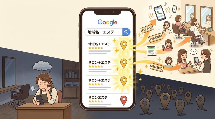 スマホのGoogle検索「地域名＋エステ」でマップ上位3枠に入ったサロンが輝いて予約が次々と入る様子と、圏外で客が来ないサロンを対比したイラスト