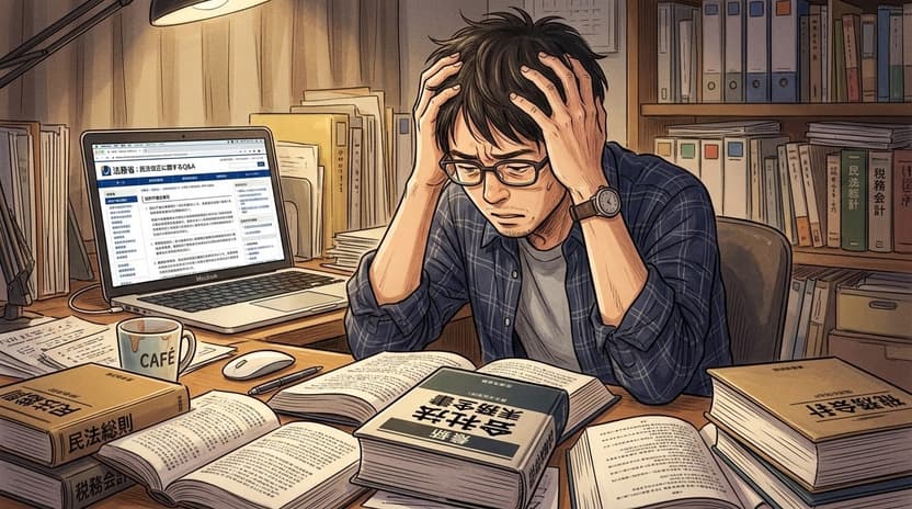 法律書や資料を机いっぱいに広げ、パソコンの前で頭を抱えている自営業者