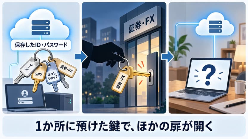 クラウドに保存したID・パスワードの鍵束が盗まれ、証券・FX会社の扉が開けられ、手元のパソコンにも不安が及ぶ流れの図