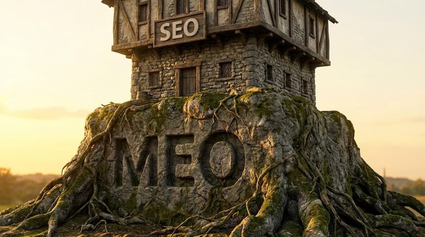 「MEO」と刻まれた岩の土台の上に「SEO」の看板を掲げた建物が建ち、MEOを土台にSEOを積み上げる関係を表したイラスト