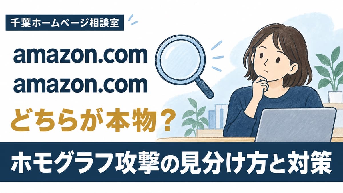 「千葉ホームページ相談室」の帯、同じ見た目で上下に並ぶ「amazon.com」「amazon.com」、虫眼鏡と人物のイラスト、問いかけの「どちらが本物？」、下部の見出し「ホモグラフ攻撃の見分け方と対策」を描いたアイキャッチ。