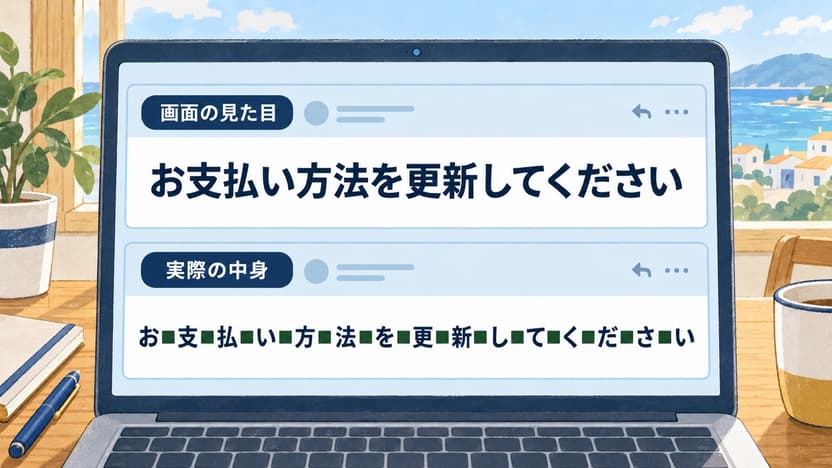 ノートパソコンの画面で「画面の見た目」の「お支払い方法を更新してください」と、「実際の中身」の「お■支■払■い■方■法■を■更■新■し■て■く■だ■さ■い」を上下に比較したイラスト。