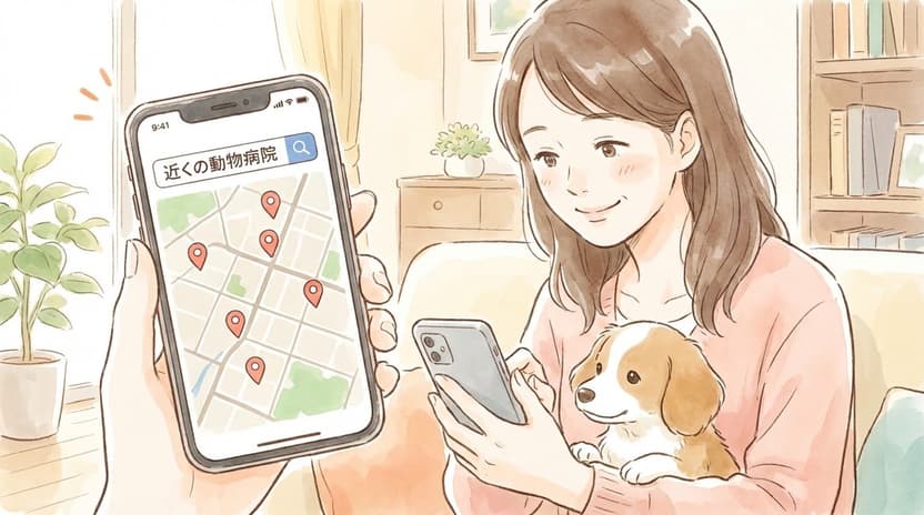 犬を抱いた飼い主がスマホで「近くの動物病院」と検索し、地図に複数の動物病院がピンで表示されている様子