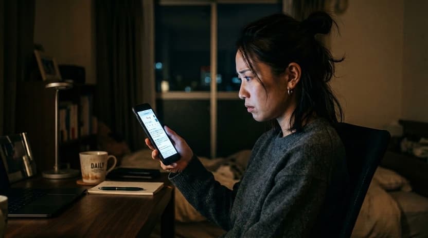 夜、暗い部屋で一人スマホを見つめ、深刻な表情で検索している女性