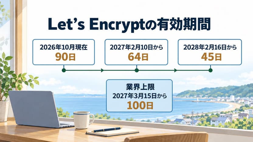 窓辺のデスクと海辺の街並みを背景に、「Let’s Encryptの有効期間」を2026年10月現在90日、2027年2月10日から64日、2028年2月16日から45日の時系列で示し、「業界上限 2027年3月15日から 100日」を別枠に置いた図。