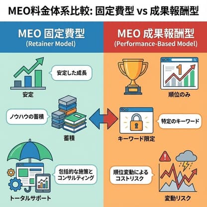 MEO料金体系の比較図。固定費型は安定・ノウハウの蓄積・トータルサポート、成果報酬型は順位のみ・キーワード限定・順位変動によるコストリスクと対比している