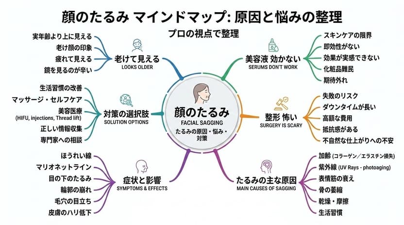 顔のたるみマインドマップ。老けて見える／美容液が効かない／整形が怖い／たるみの主な原因／症状と影響／対策の選択肢の6方向に、悩みと原因を整理した図