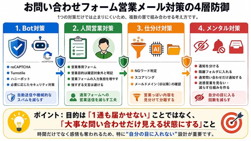 お問い合わせフォーム営業メール対策の４層防御イメージ
