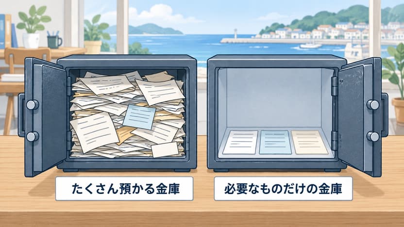 書類があふれる金庫と、数枚だけ整理された金庫を並べ、下に「たくさん預かる金庫」「必要なものだけの金庫」と記した比較イラスト。