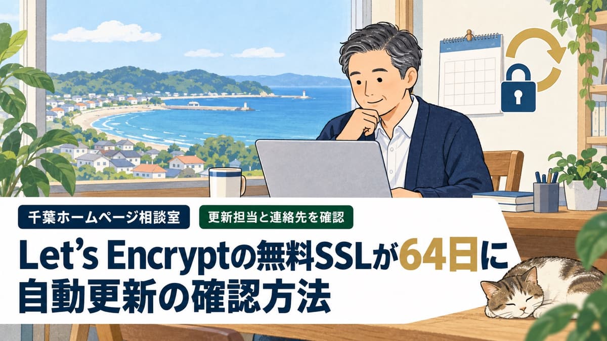 「Let’s Encryptの無料SSLが64日に/自動更新の確認方法」という見出しの下、窓辺のデスクでカレンダー・鍵・更新矢印を描いたイラスト。