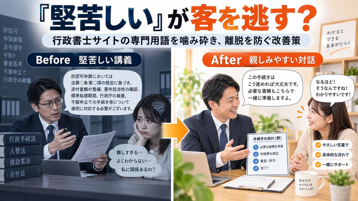 「堅苦しい」が客を逃す？行政書士サイトの専門用語を噛み砕き、離脱を防ぐ改善策
