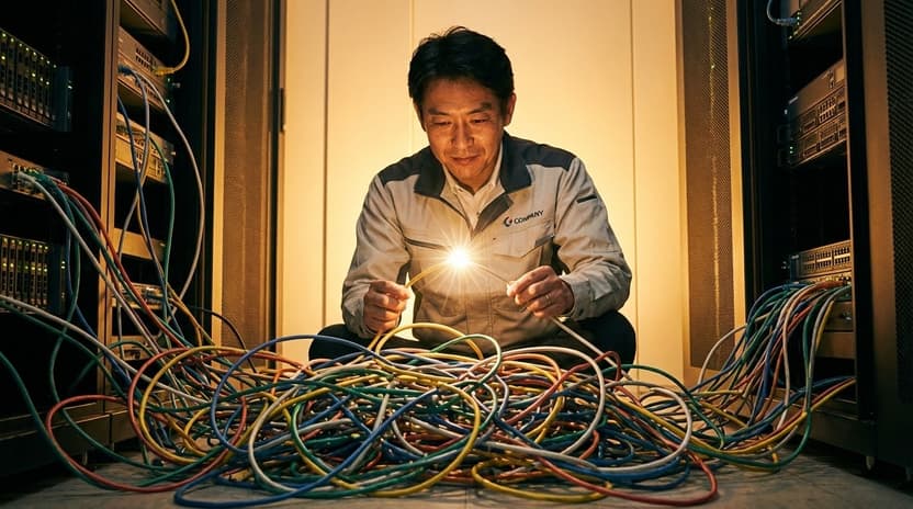 複雑に絡み合ったケーブルをプロが修復している様子