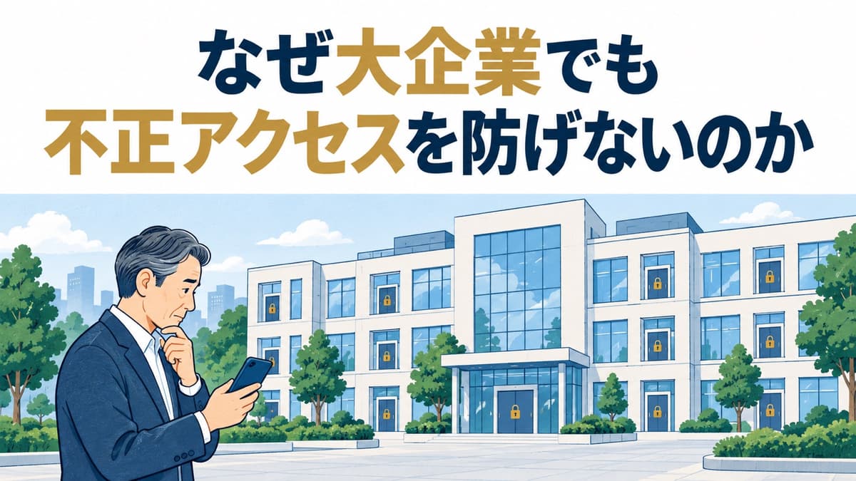 「なぜ大企業でも/不正アクセスを防げないのか」という見出しの下に、鍵のかかった扉や窓が並ぶ建物と、スマートフォンを見て考え込む事業者を描いたイラスト。